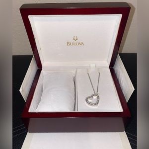 Auth BULOVA Crystal Heart Pendant Necklace with Wooden Jewelry Watch Box
